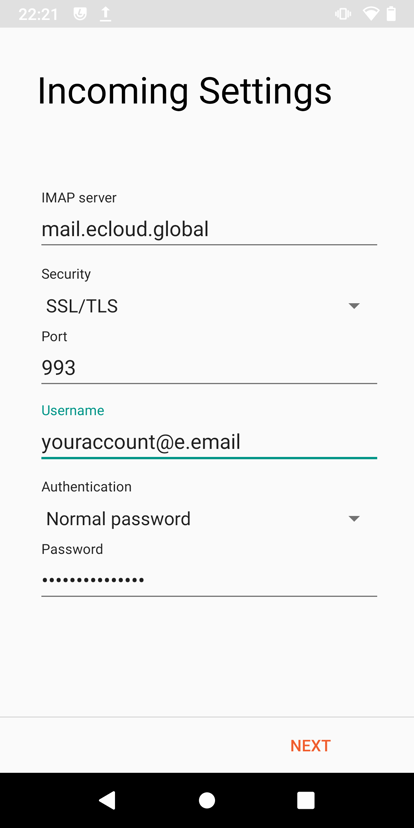 Incoming settings Incoming mail settings configuration for the mail application