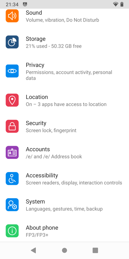 Settings screen Settings screen with all menu options