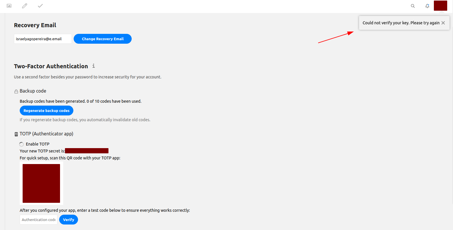 Popup on the right top Popup alerting of wrong code of verification