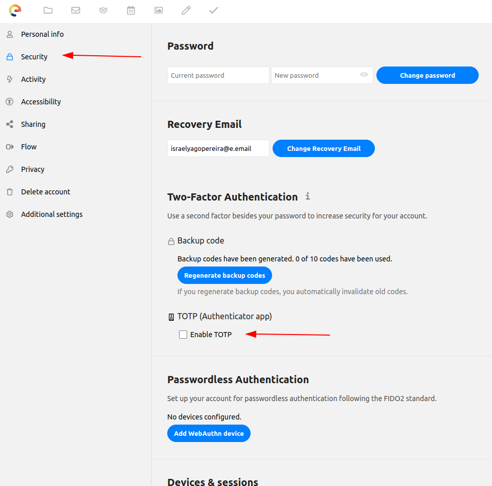 Security Screen Security screen showing where is the location of "Enable TOTP"