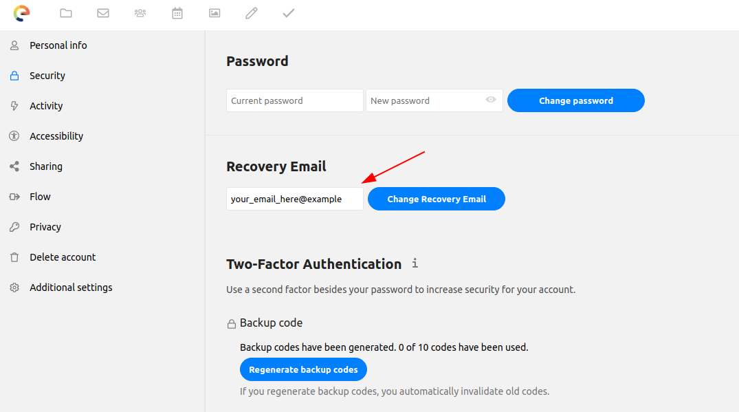 Button to change the recovery email Security screen showing where is the recovery address input field