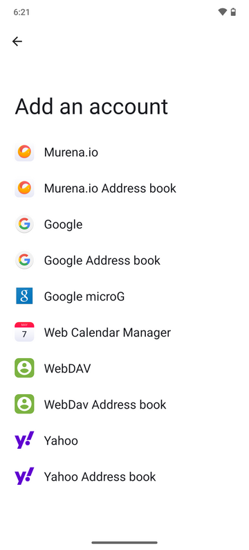 Add account screen with Google option