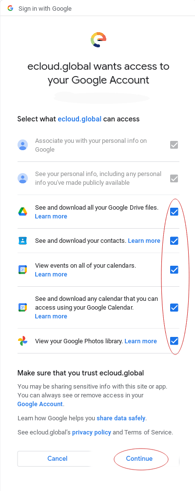 screen showing how to give consent to Murena Workspace