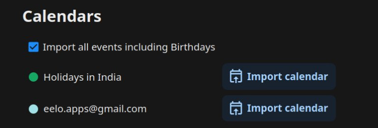 Screen showing Import calendar button