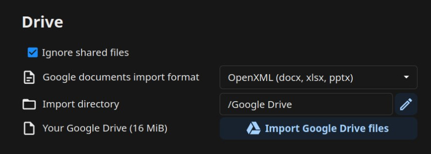 Screen showing Import Google Drive files button