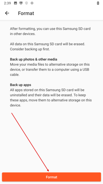 Tap on format to format SDCard alt text