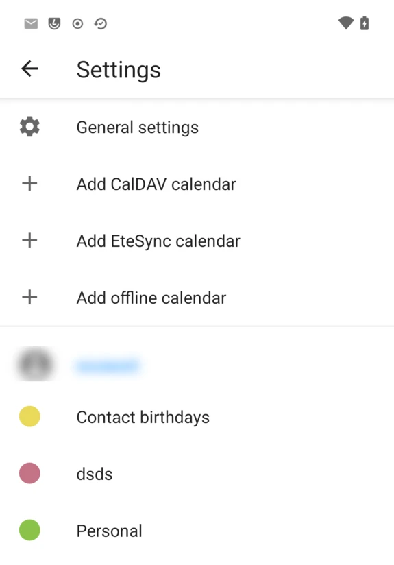Settings screen with Add CalDAV calendar, Add EteSync calendar, Add offline calendar, and an account’s calendars below